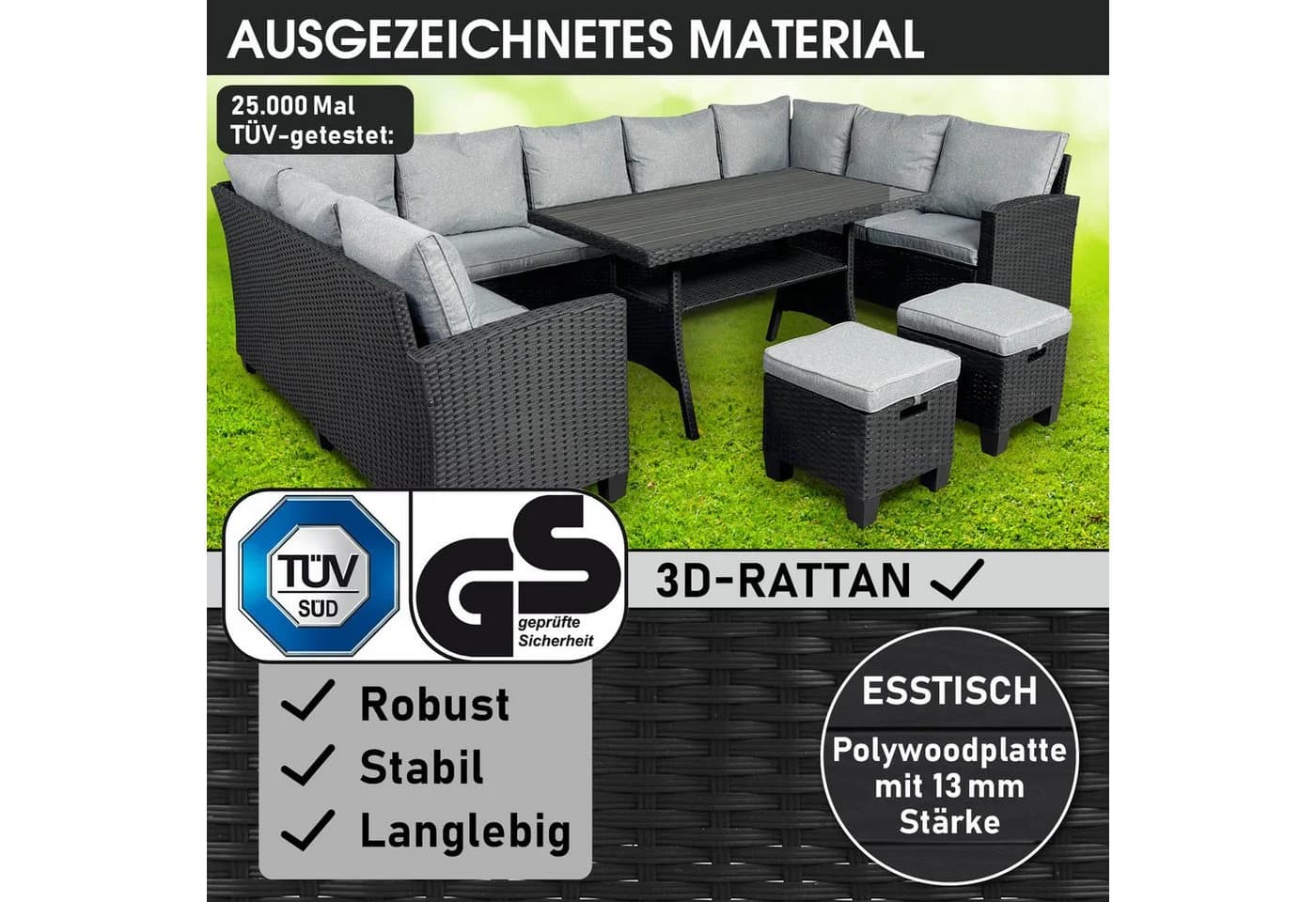 BRAST Gartenlounge-Set Family 11-tlg. Grau/Schwarz Polyrattan - Bild 3