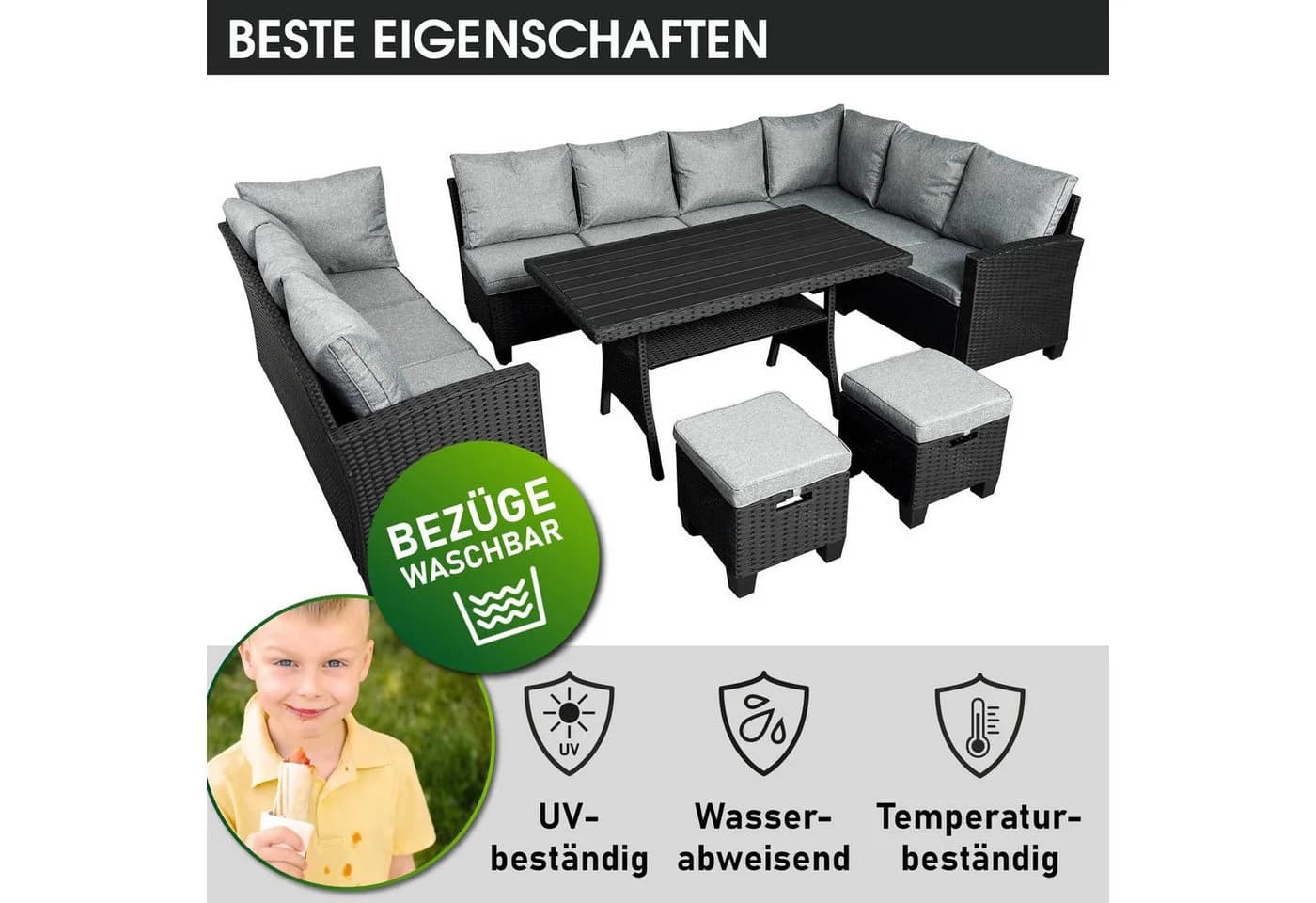 BRAST Gartenlounge-Set Family 11-tlg. Grau/Schwarz Polyrattan - Bild 5