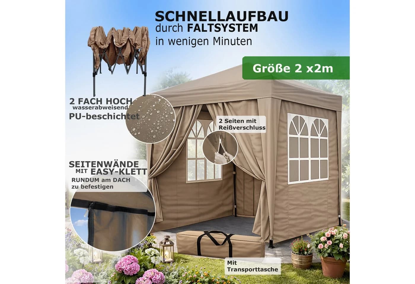 Quick Star Faltpavillon Pop-Up Beige mit 4 Seitenteilen