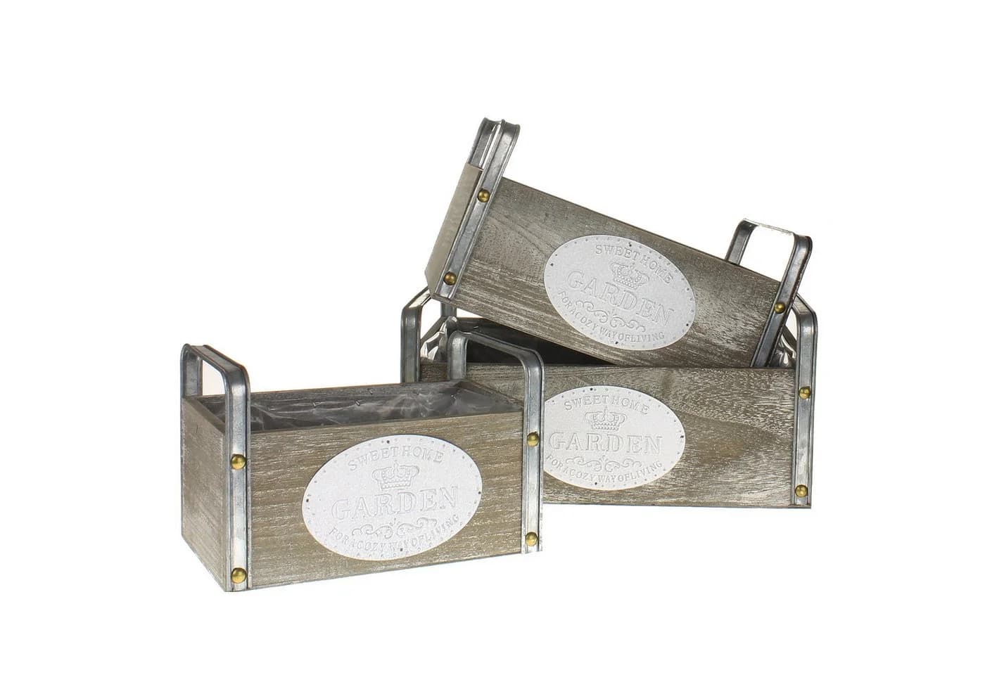 Macosa Home Pflanzkiste 3er Set Vintage Grau Holz Metall
