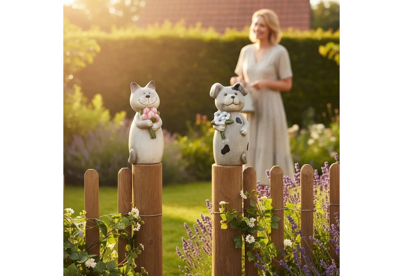 Macosa Home Dekofigur Pfostenhocker 2er Set Keramik Grau Zauntiere - Bild 4
