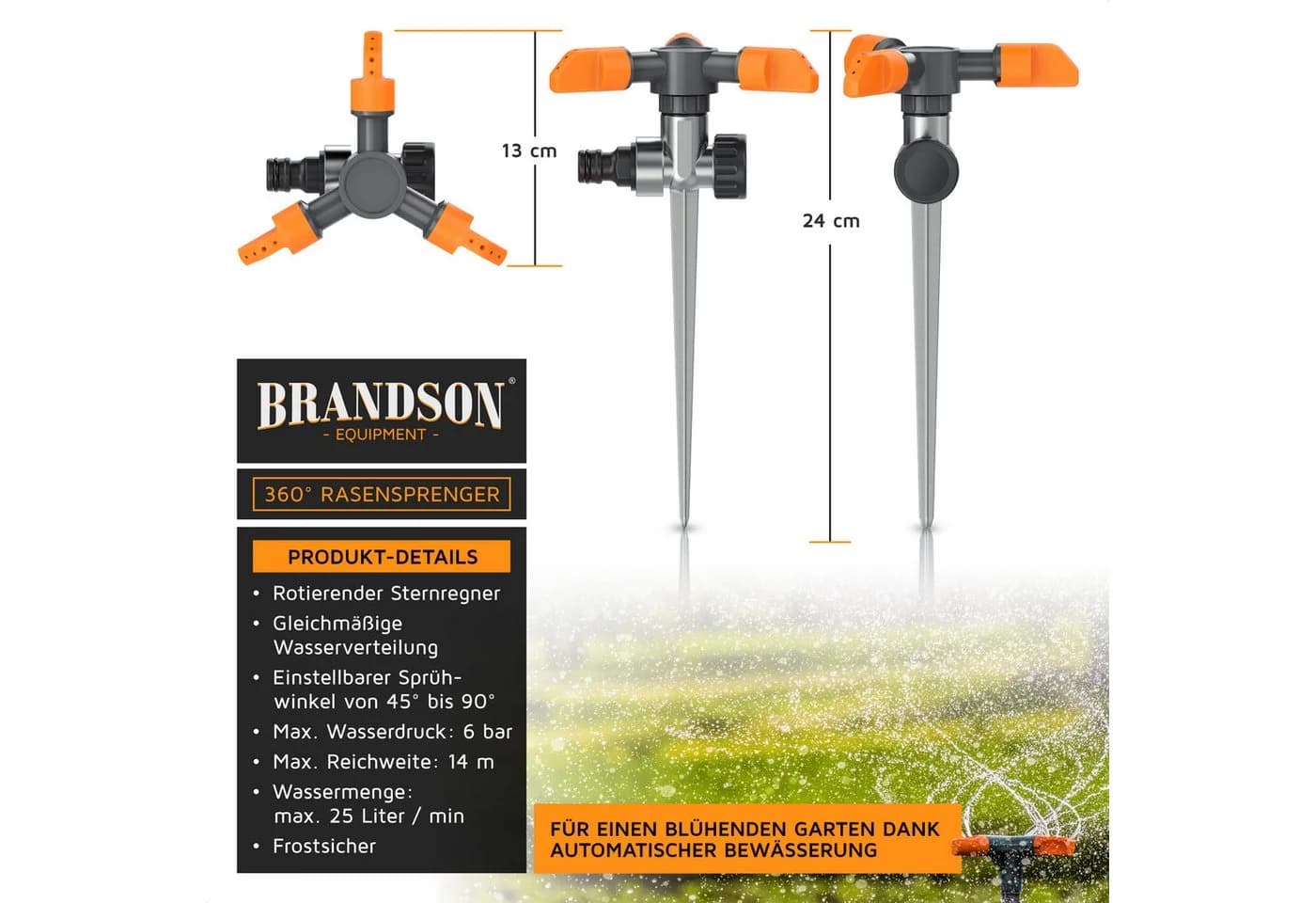 Brandson Rasensprinkler 3-fach Kreisregner mit Erdspieß