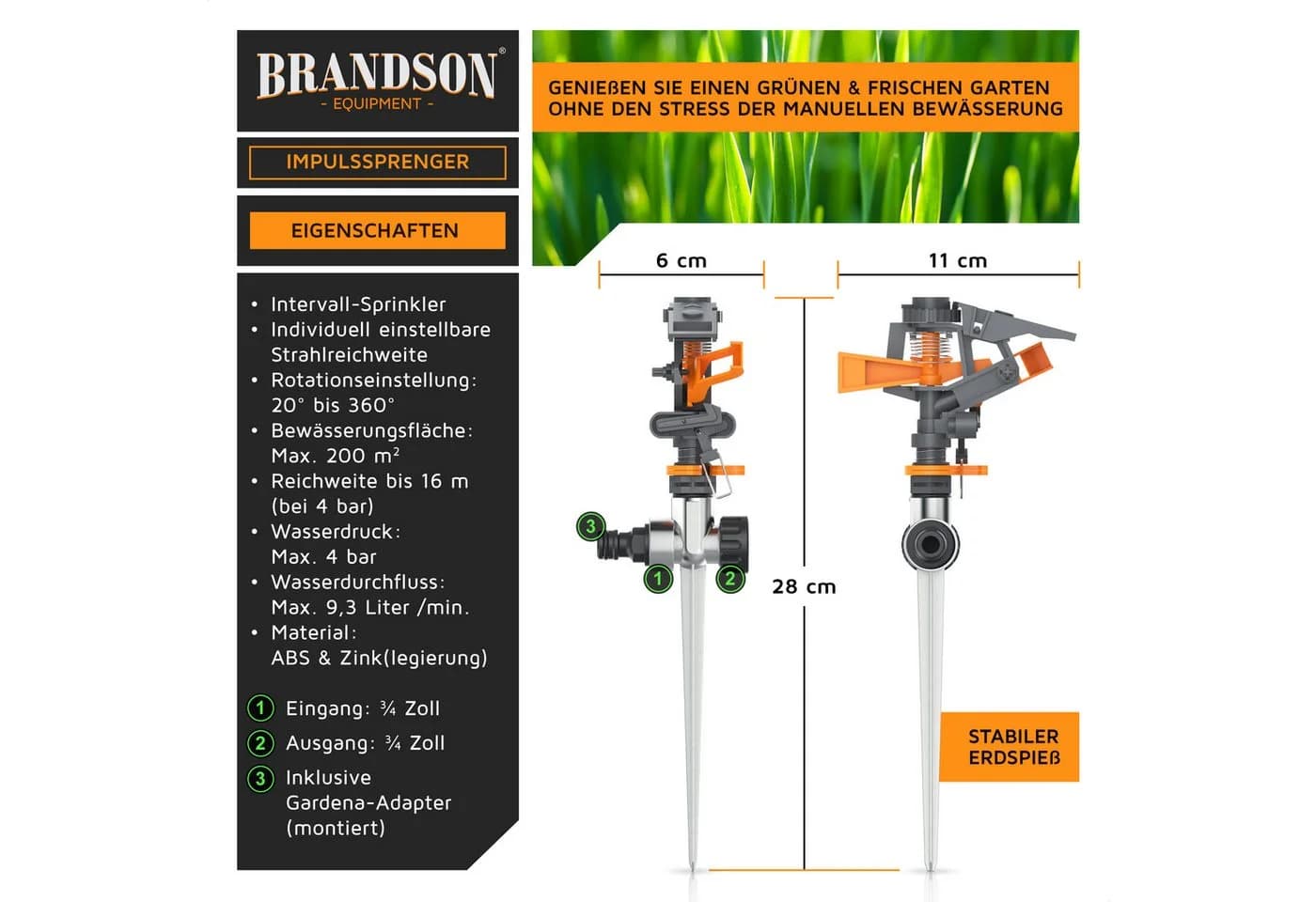 Brandson 1x Kreisregner Intervall-Sprinkler 360° Impulsregner