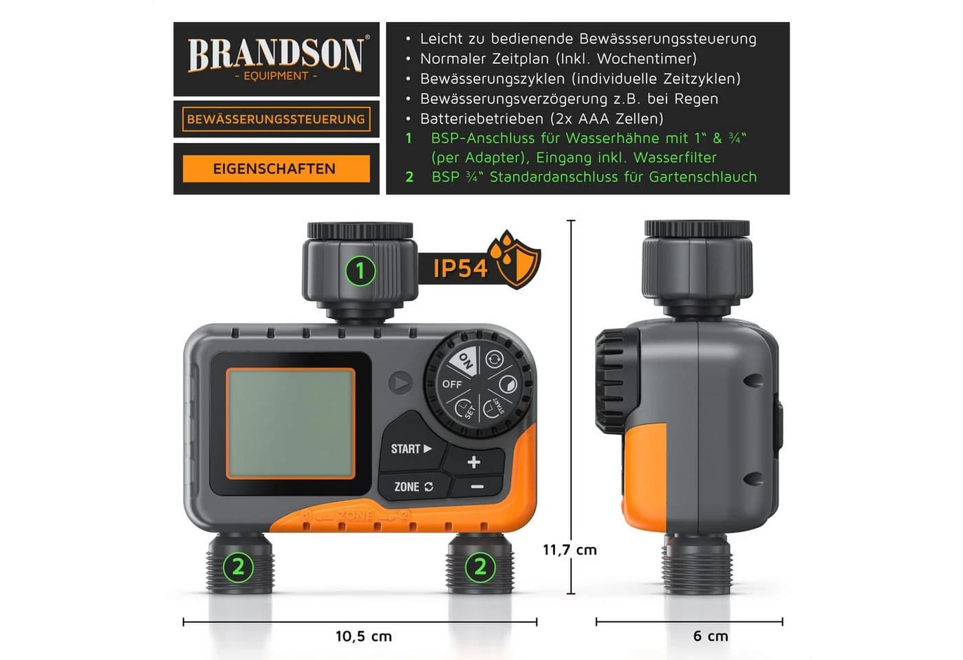 Brandson Bewässerungssteuerung 2 Zonen Wasserzeitschaltuhr Schwarz/Orange - Bild 2