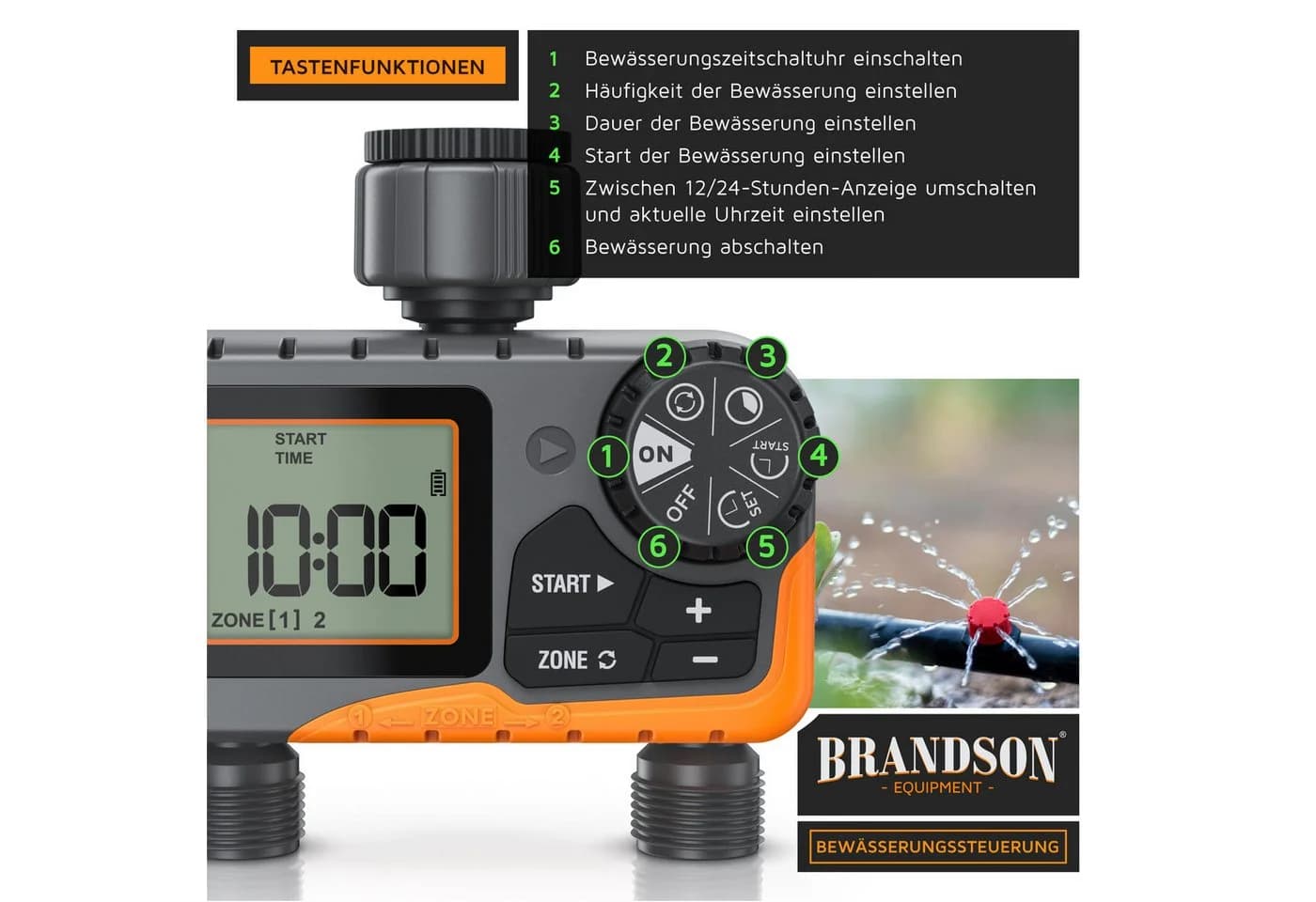 Brandson Bewässerungssteuerung 2 Zonen Wasserzeitschaltuhr Schwarz/Orange - Bild 4