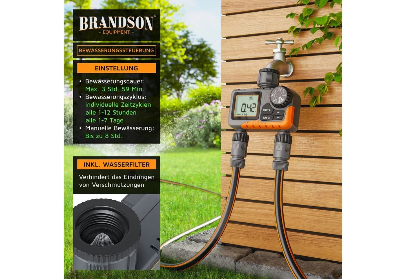 Brandson Bewässerungssteuerung 2 Zonen Wasserzeitschaltuhr Schwarz/Orange - Bild 5