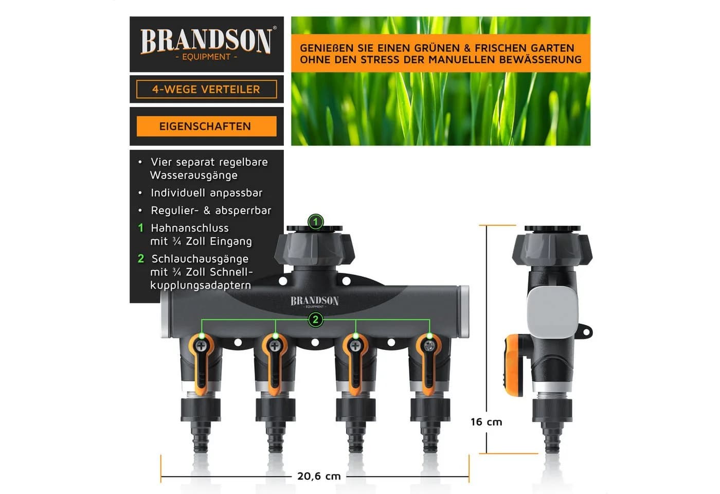 Brandson 4-Wege Wasserverteiler 3/4 Zoll Schwarz/Orange