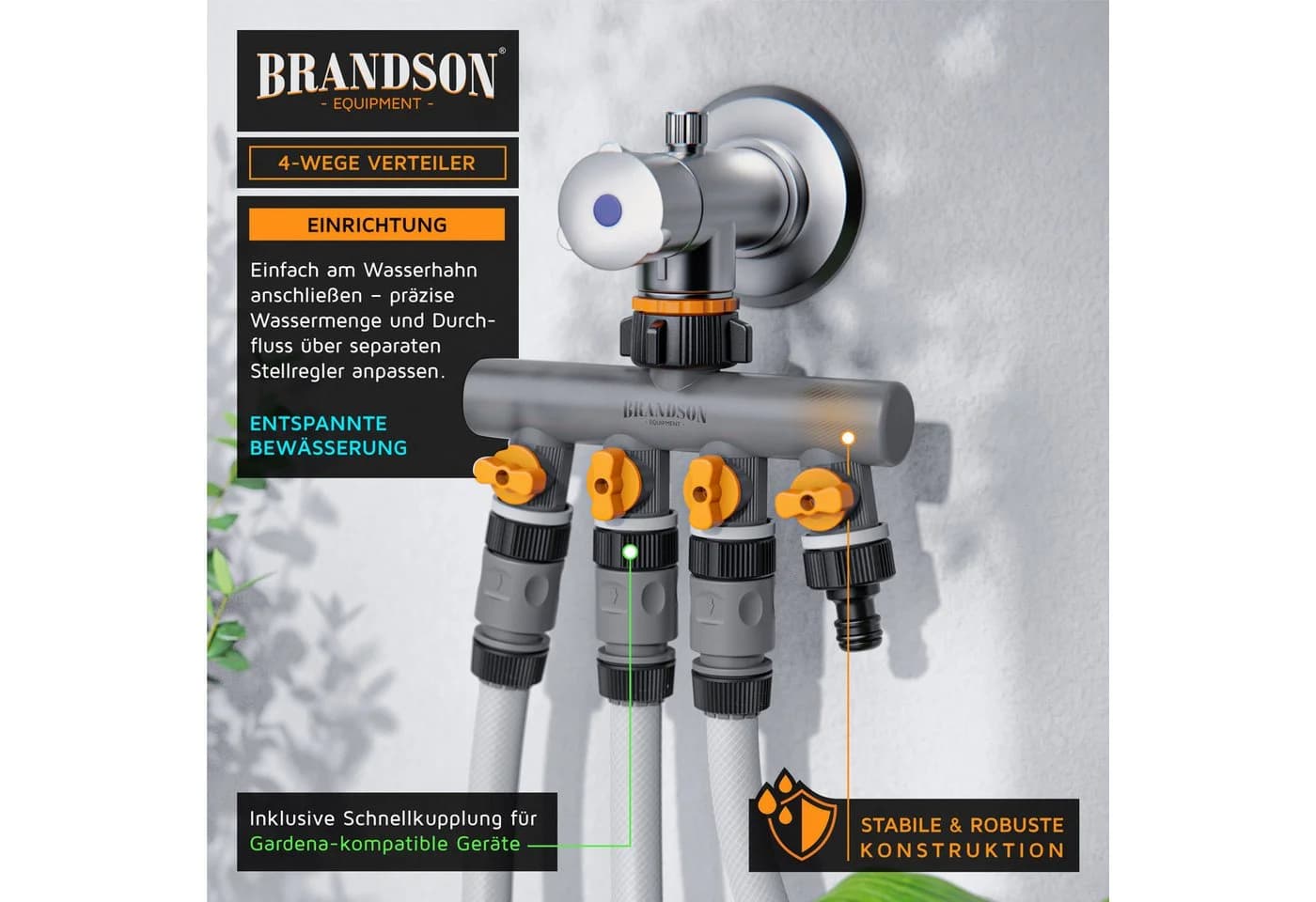 Brandson 4-Wege Wasserverteiler Schwarz/Orange mit Schnellkupplung - Bild 3
