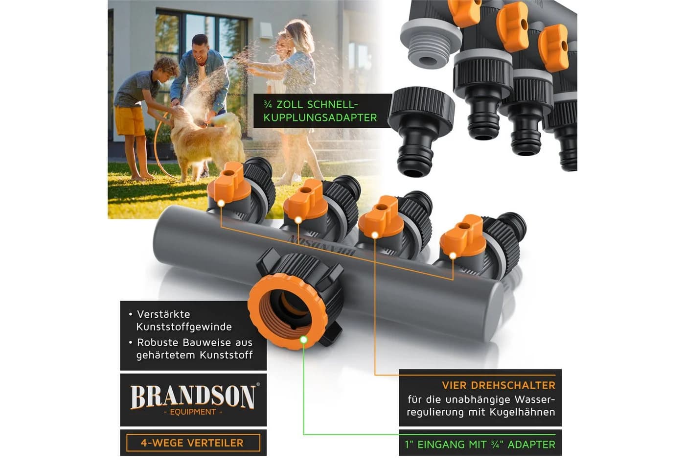 Brandson 4-Wege Wasserverteiler Schwarz/Orange mit Schnellkupplung - Bild 4