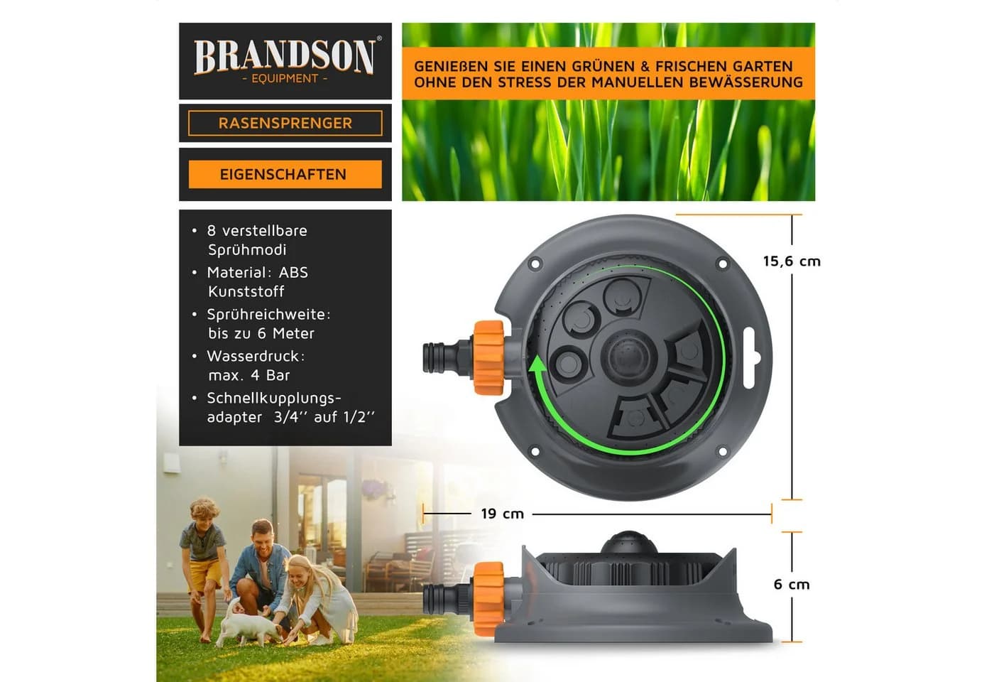 Brandson Vielflächenregner Garten Sprinkler 8 Sprühmodi 110m²