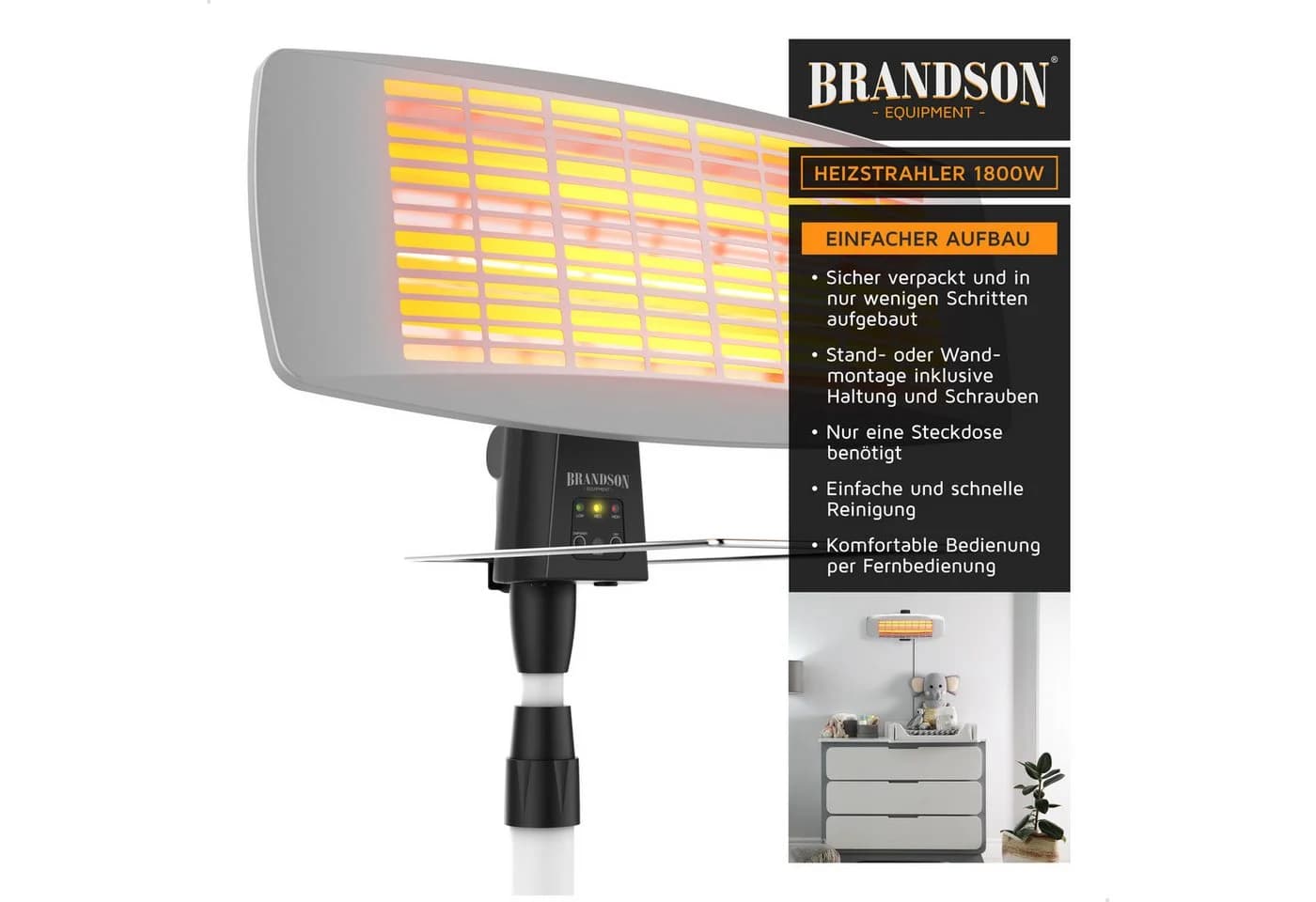 Brandson Infrarot-Heizstrahler 1800W mit Fernbedienung & Teleskopständer - Bild 5
