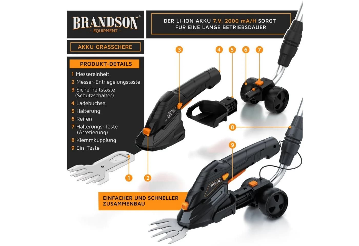 Brandson Akku-Grasschere mit Teleskopstange und Rädern - Bild 4
