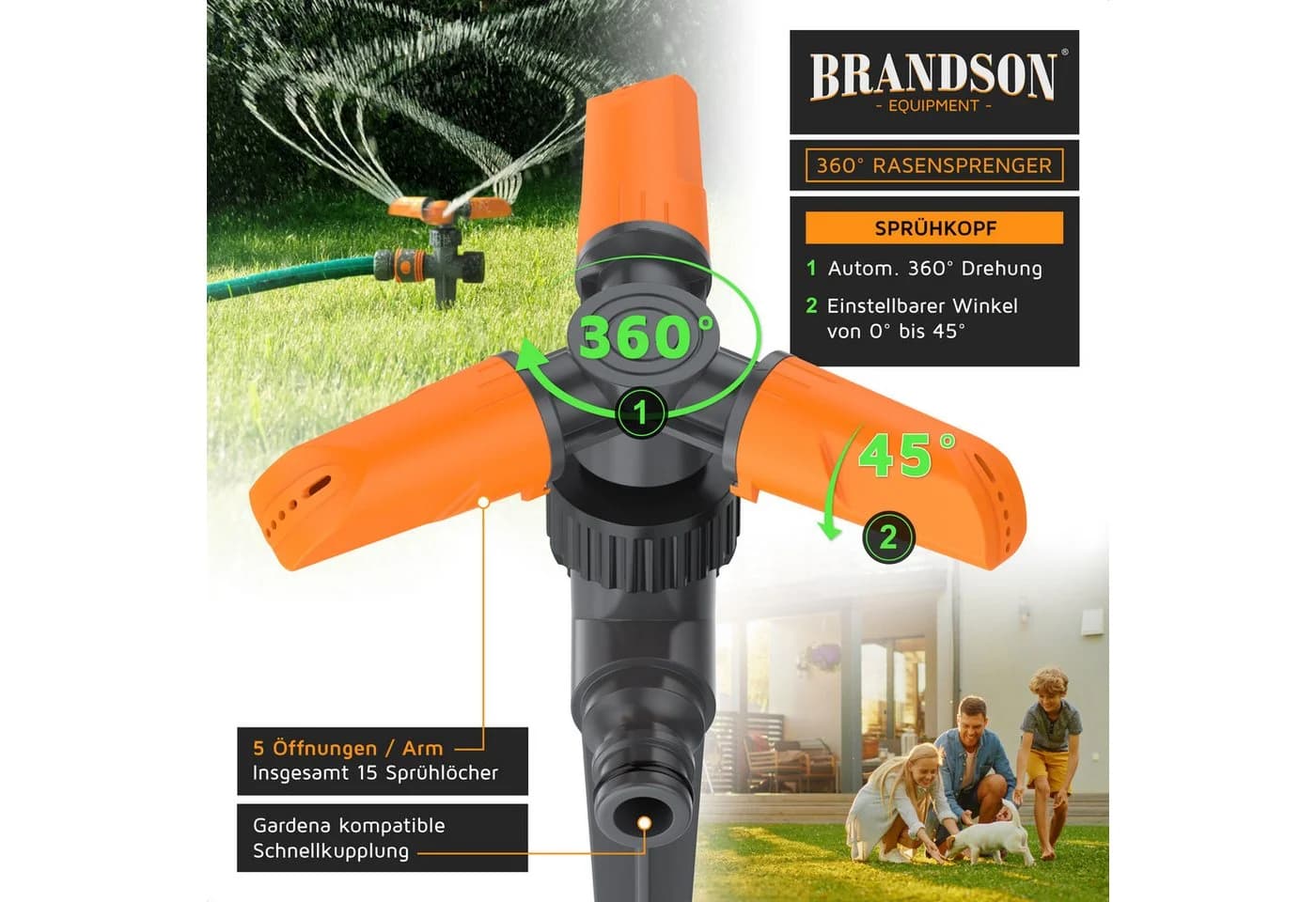 Brandson Rasensprenger 360° Kreisregner 3 Arm rotierend 15 Düsen - Bild 3