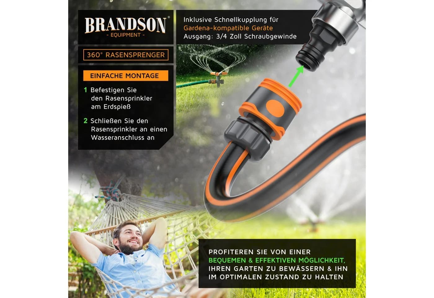 Brandson Rasensprenger 360° Kreisregner 3 Arm rotierend 15 Düsen - Bild 4