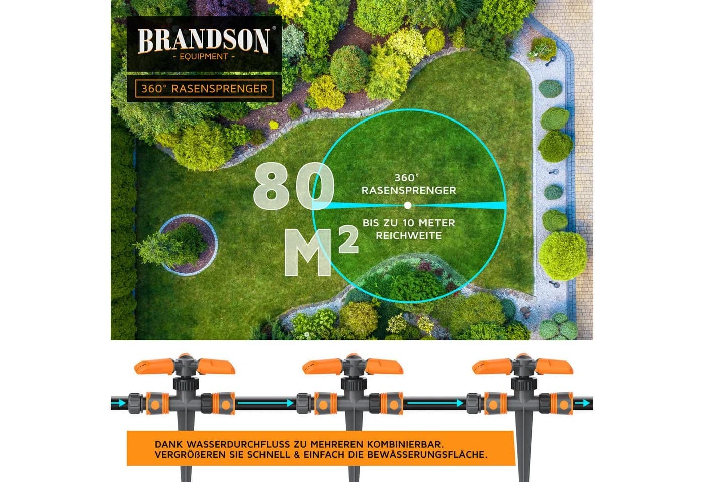 Brandson Rasensprenger 360° Kreisregner 3 Arm rotierend 15 Düsen - Bild 5