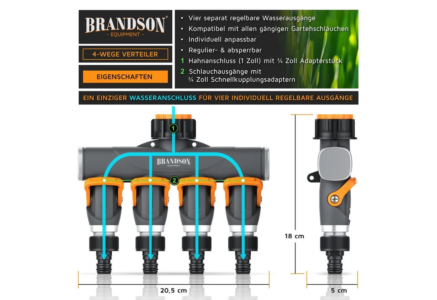 Brandson 4-Wege Wasserverteiler Schwarz/Orange mit Schnellkupplung