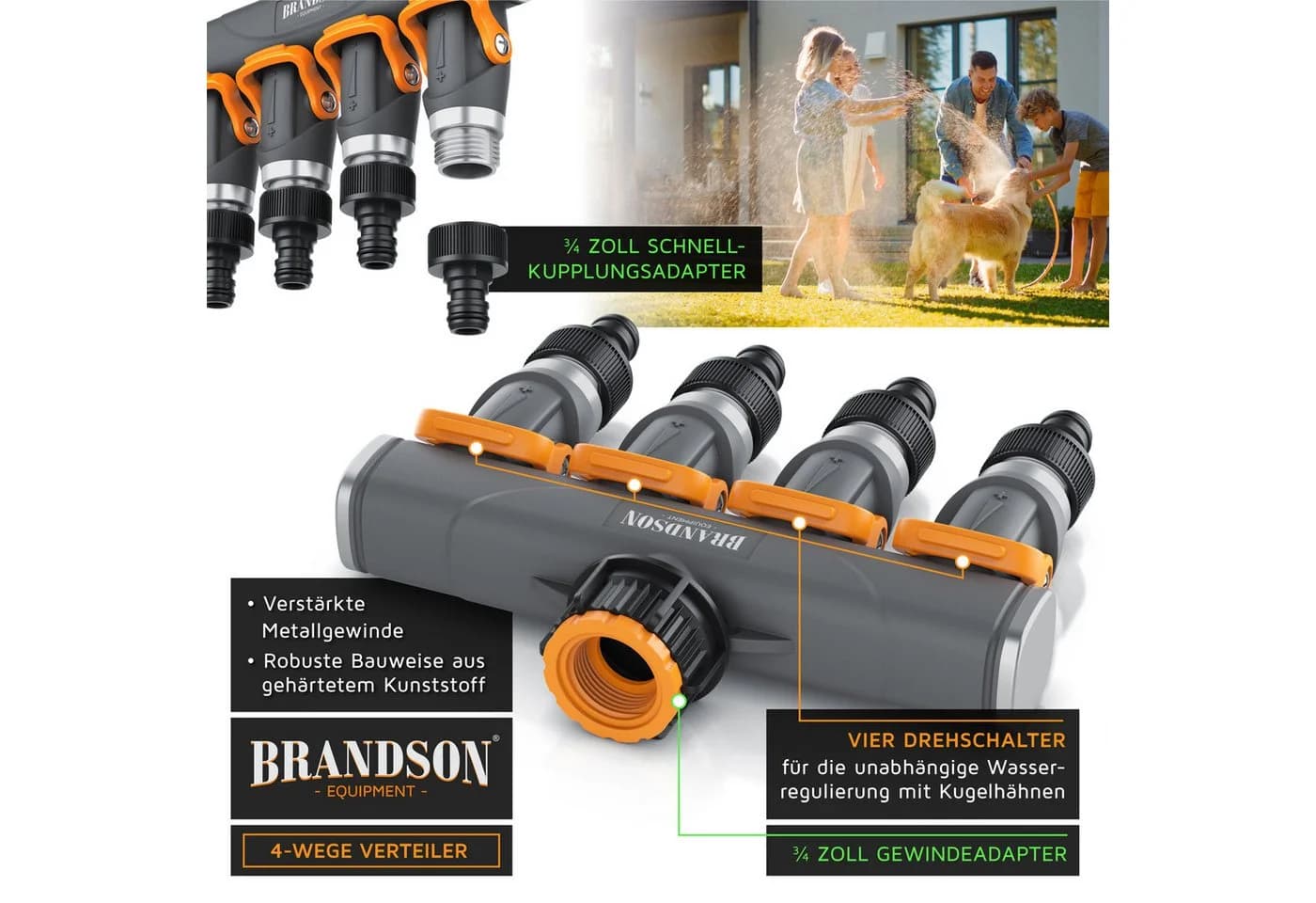Brandson 4-Wege Wasserverteiler Schwarz/Orange mit Schnellkupplung - Bild 3