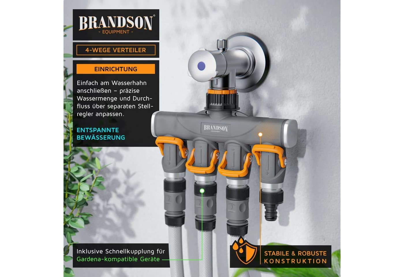 Brandson 4-Wege Wasserverteiler Schwarz/Orange mit Schnellkupplung - Bild 4