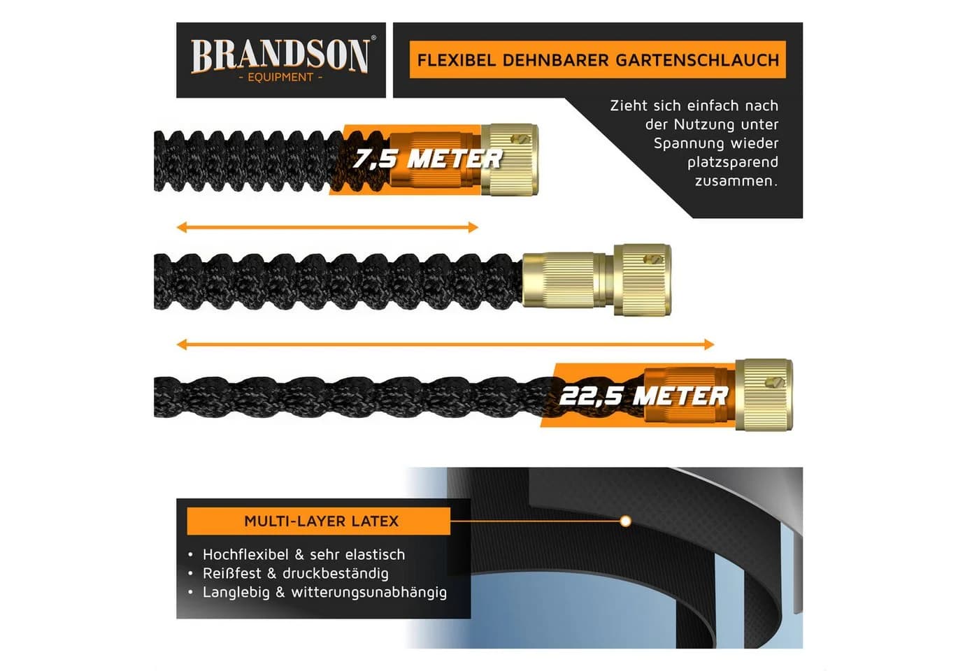 Brandson Flexschlauch 22,5 m Set mit Brause & Verteiler Schwarz/Orange - Bild 3