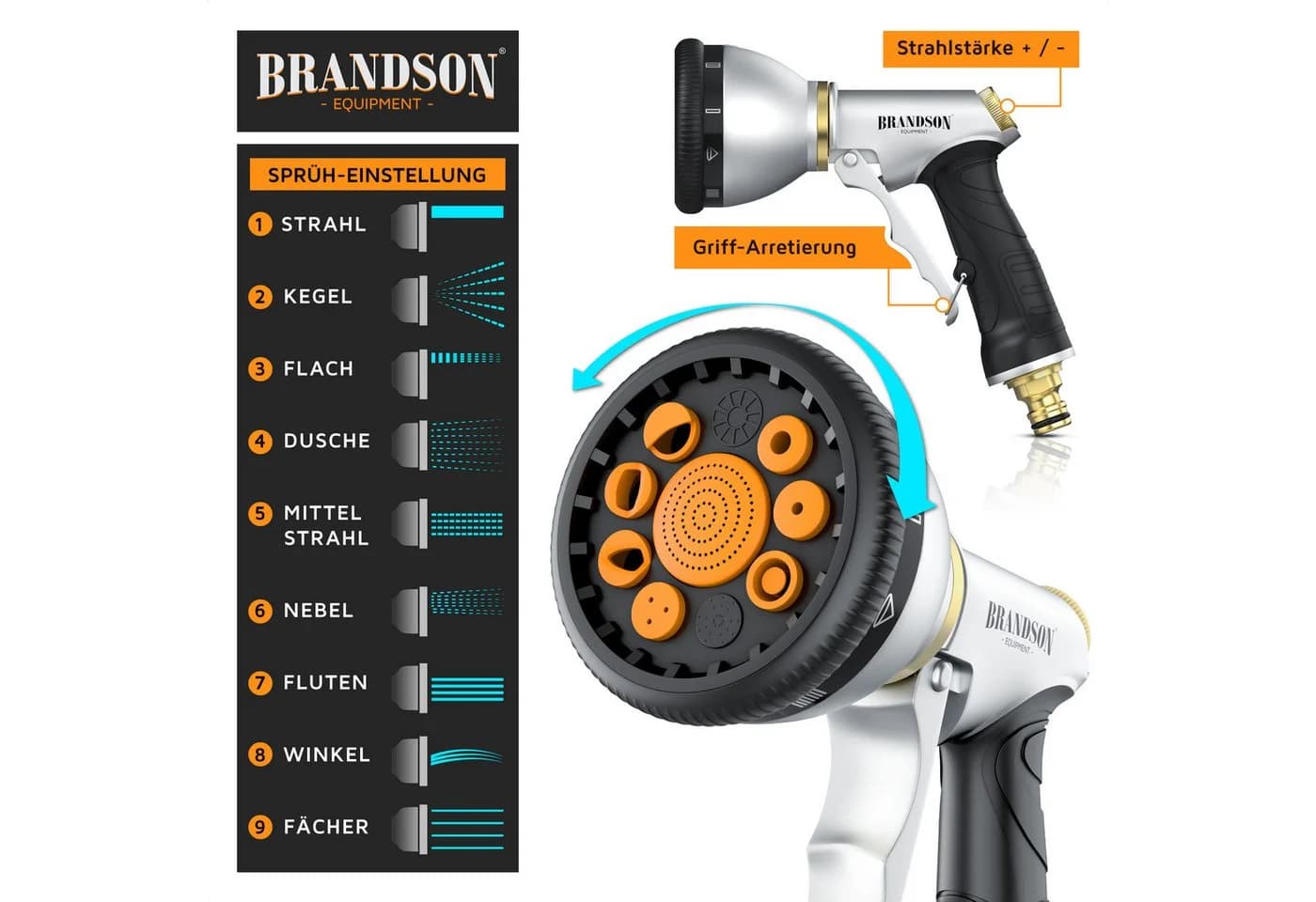 Brandson Flexschlauch 22,5 m Set mit Brause & Verteiler Schwarz/Orange - Bild 4