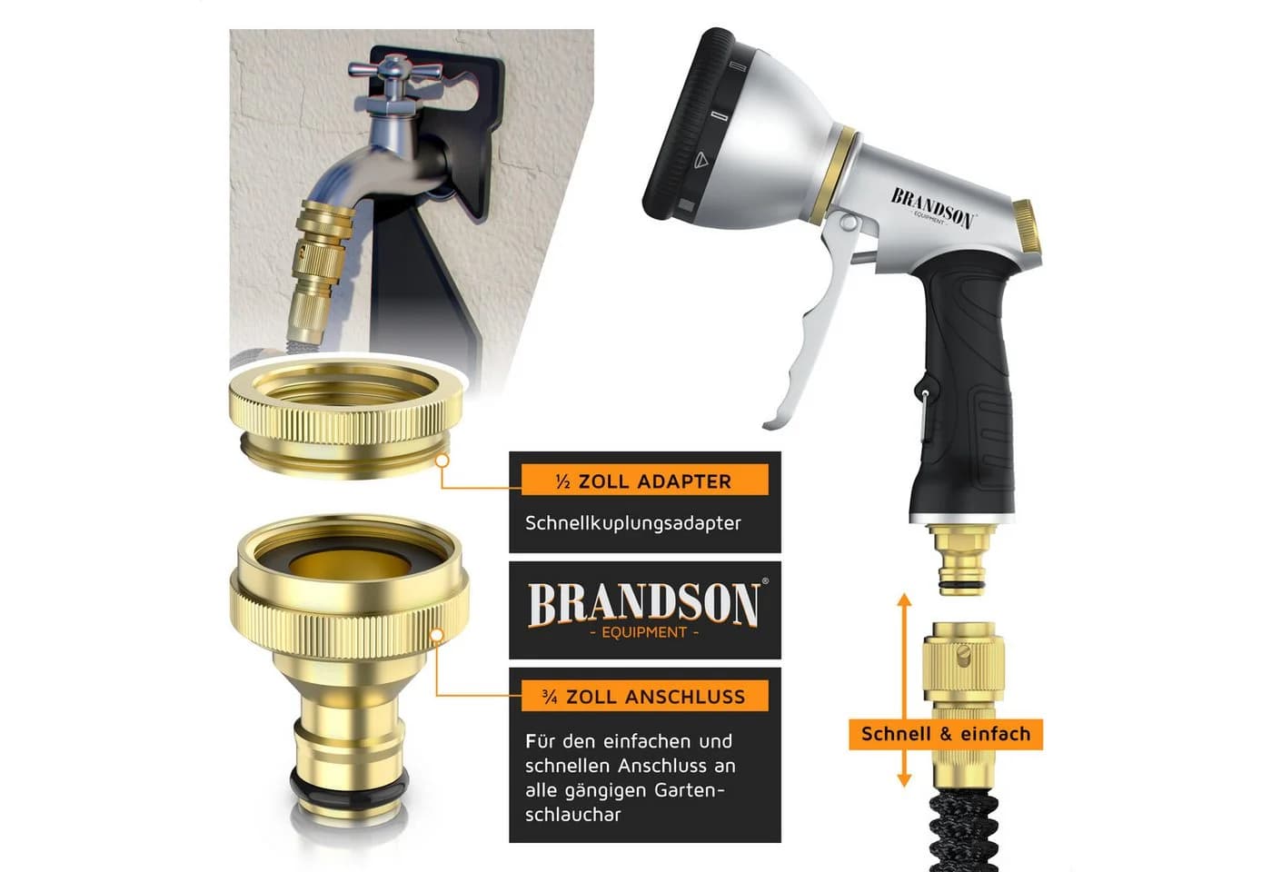 Brandson Flexschlauch 22,5 m Set mit Brause & Verteiler Schwarz/Orange - Bild 5