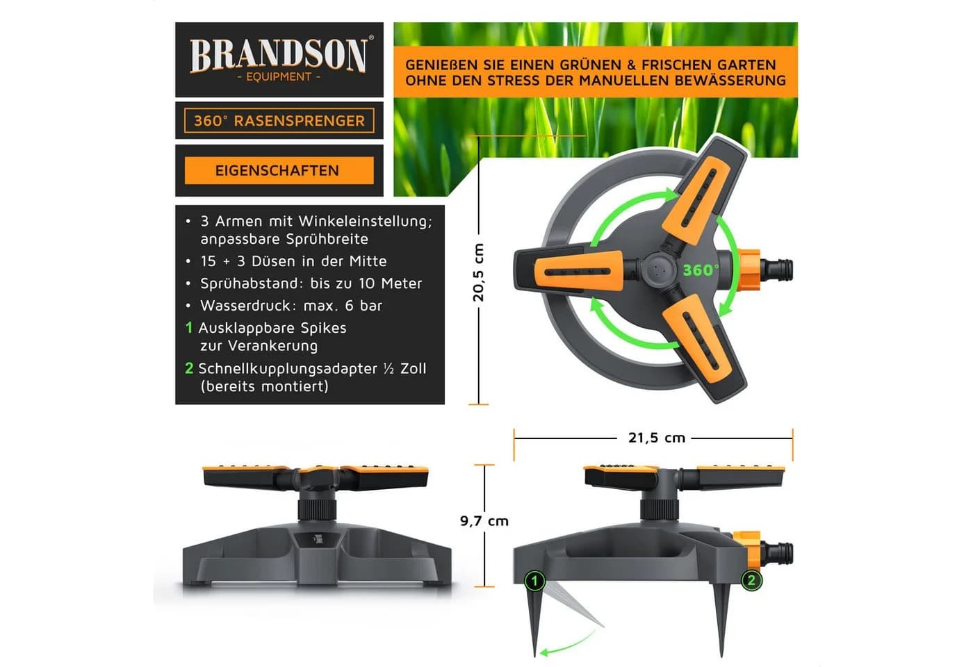 Brandson Kreisregner Garten Sprinkler 360° Rasensprenger rotierend rot