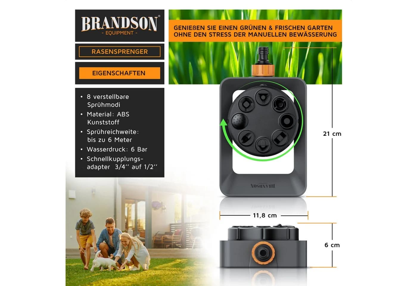 Brandson Vielflächenregner Garten Sprinkler 8 Sprühmodi 110m²