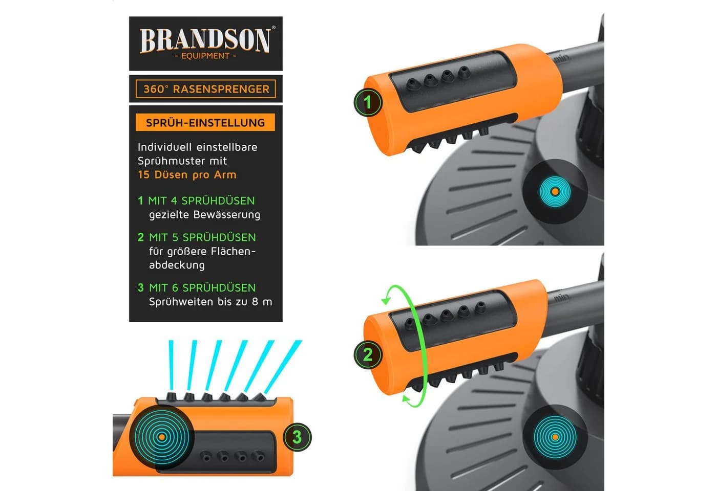 Brandson Rasensprenger 360° Kreisregner 3 Arm Kunststoff Orange Grau - Bild 4