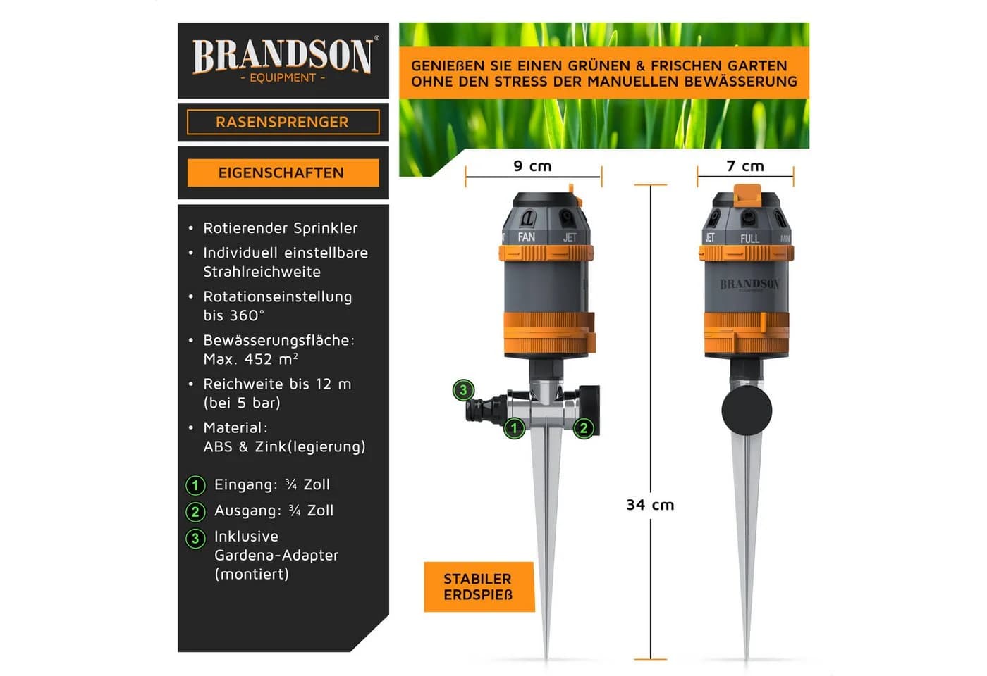 Brandson Rasensprinkler 6-fach mit Erdspieß, 360° Flächenregner
