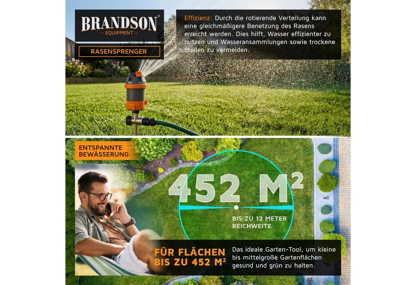 Brandson Rasensprinkler 6-fach mit Erdspieß, 360° Flächenregner - Bild 4