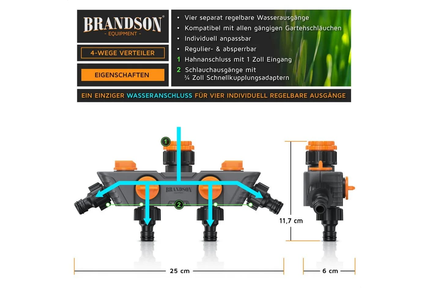 Brandson 4-Wege Wasserverteiler Schwarz/Orange mit 4 Ausgängen