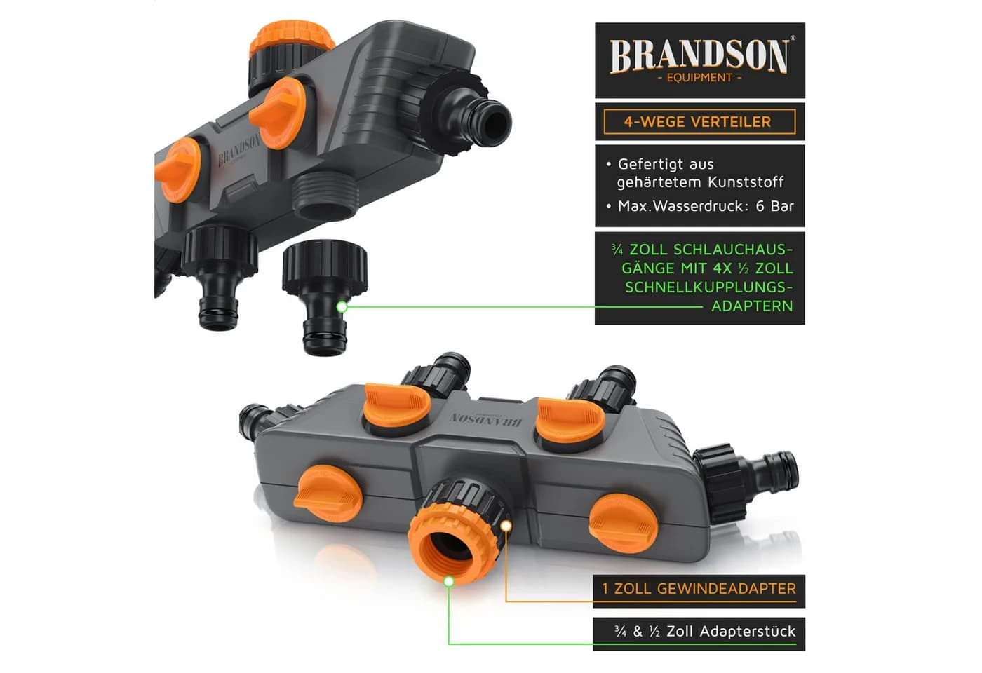 Brandson 4-Wege Wasserverteiler Schwarz/Orange mit 4 Ausgängen - Bild 5