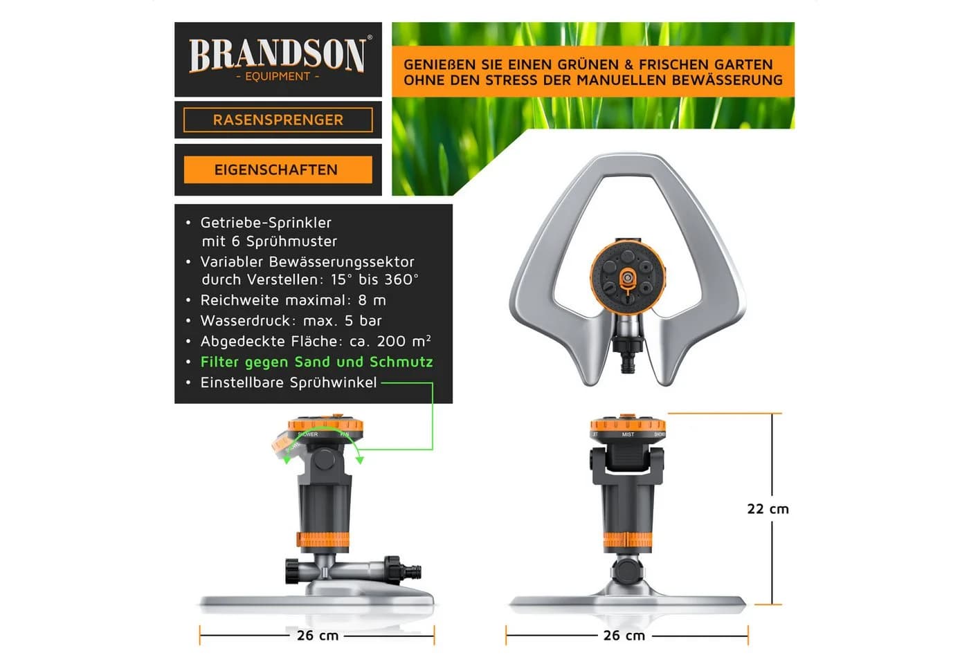 Brandson Rasensprinkler Grau/Orange/Schwarz 6 Sprühmuster