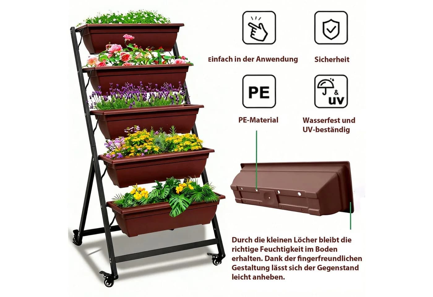 BIGTREE Hochbeet Pflanzentreppe 5-stufig Braun mit Rollen - Bild 4