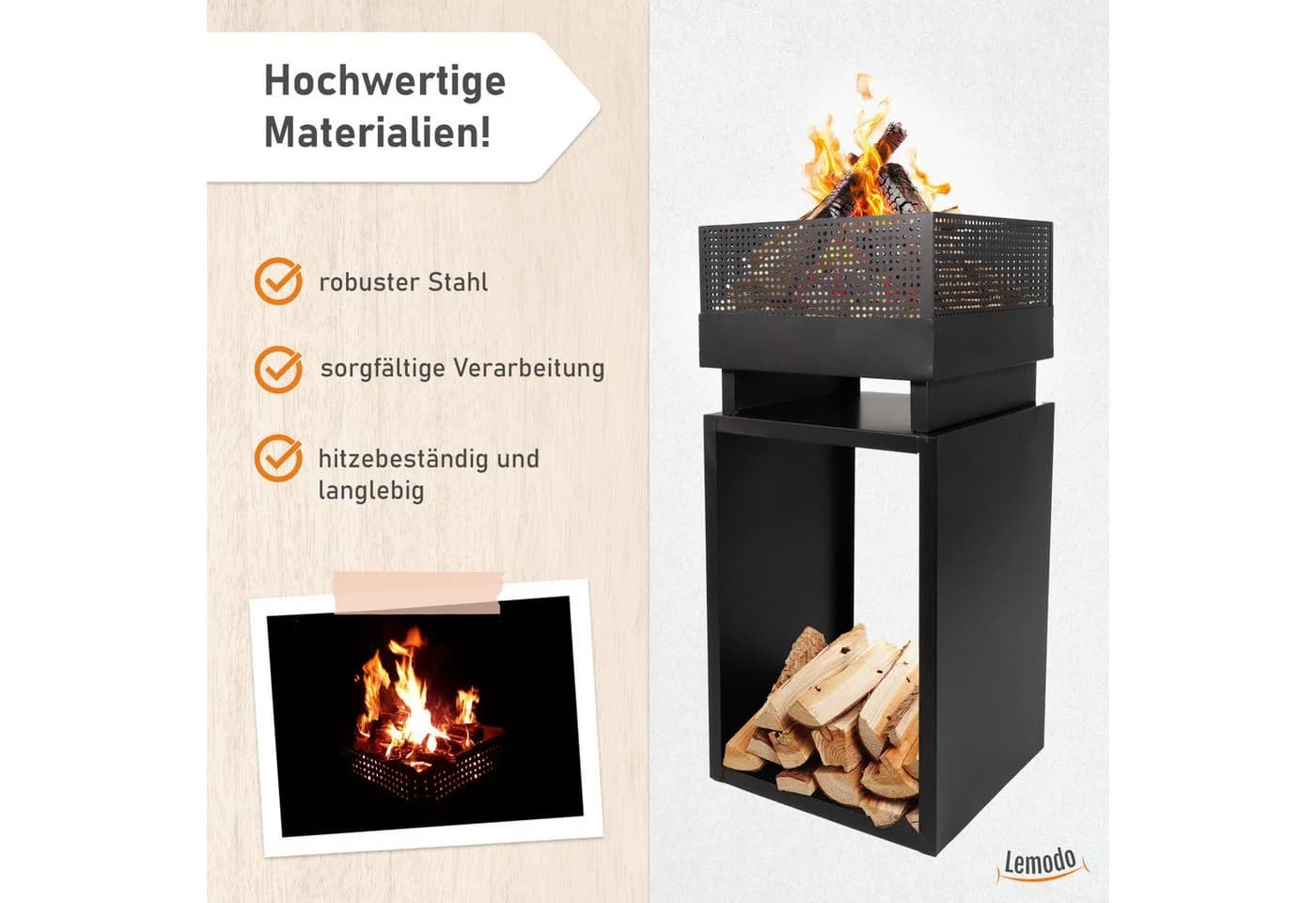 Lemodo Feuerkorb mit Holzlager Schwarz Stahl - Bild 3
