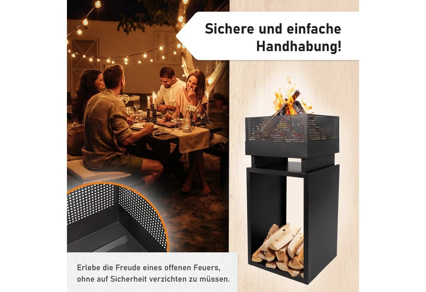Lemodo Feuerkorb mit Holzlager Schwarz Stahl - Bild 4