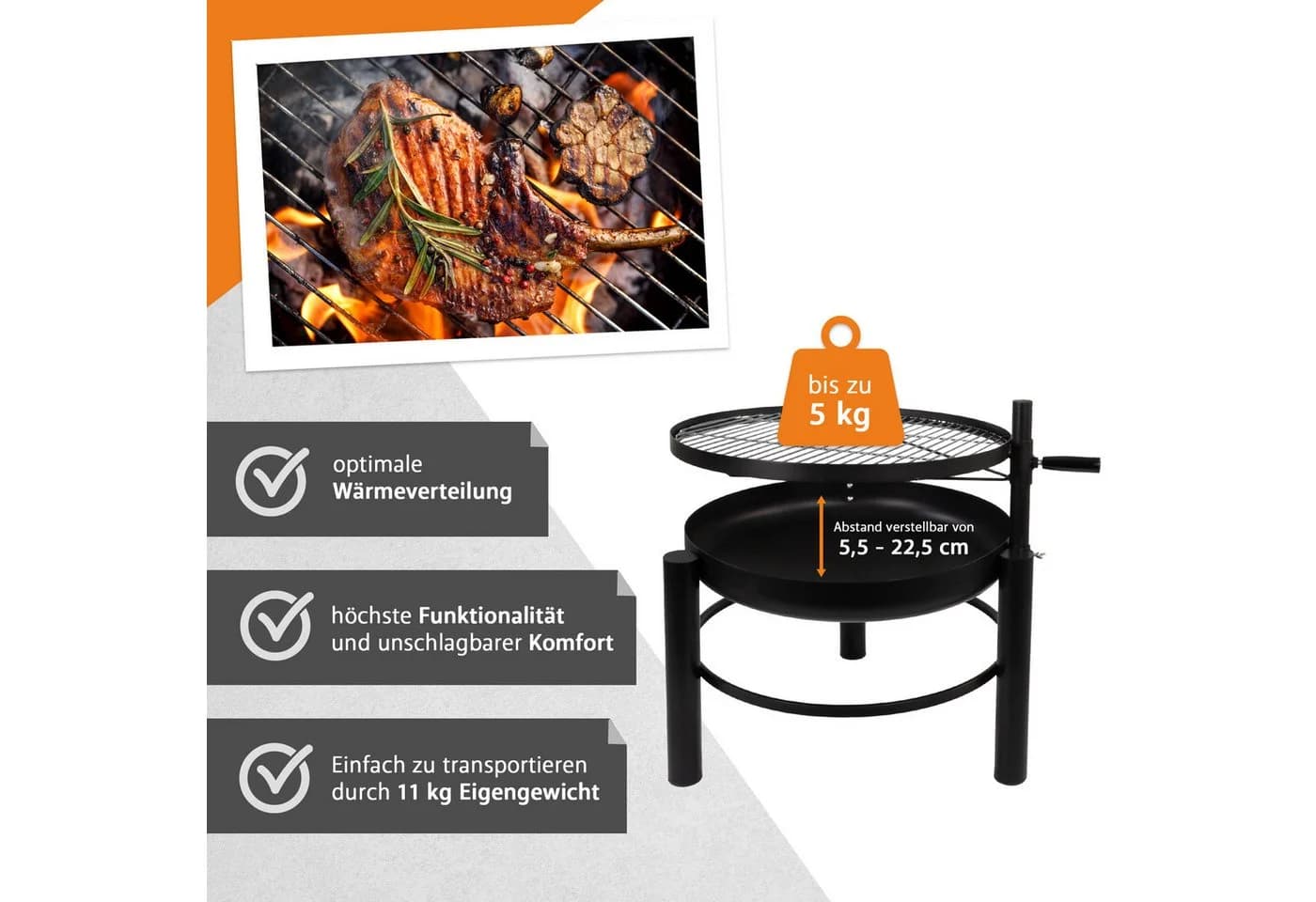 Lemodo Feuerschale mit Grillrost, höhenverstellbar, schwarz - Bild 4