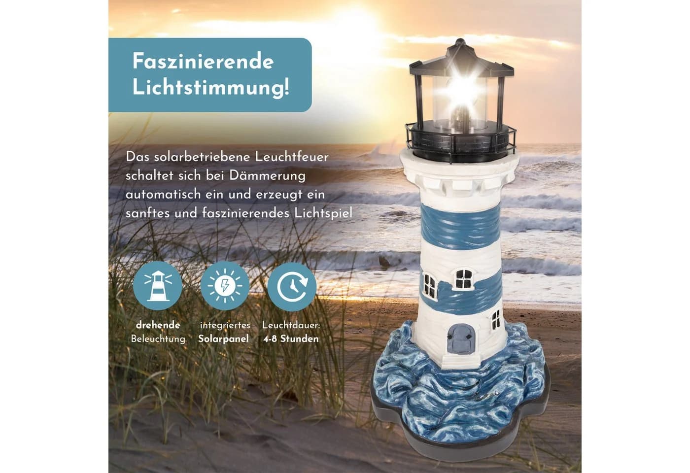 Lemodo Solar-Leuchtturm mit LED-Feuer blau-weiß - Bild 3
