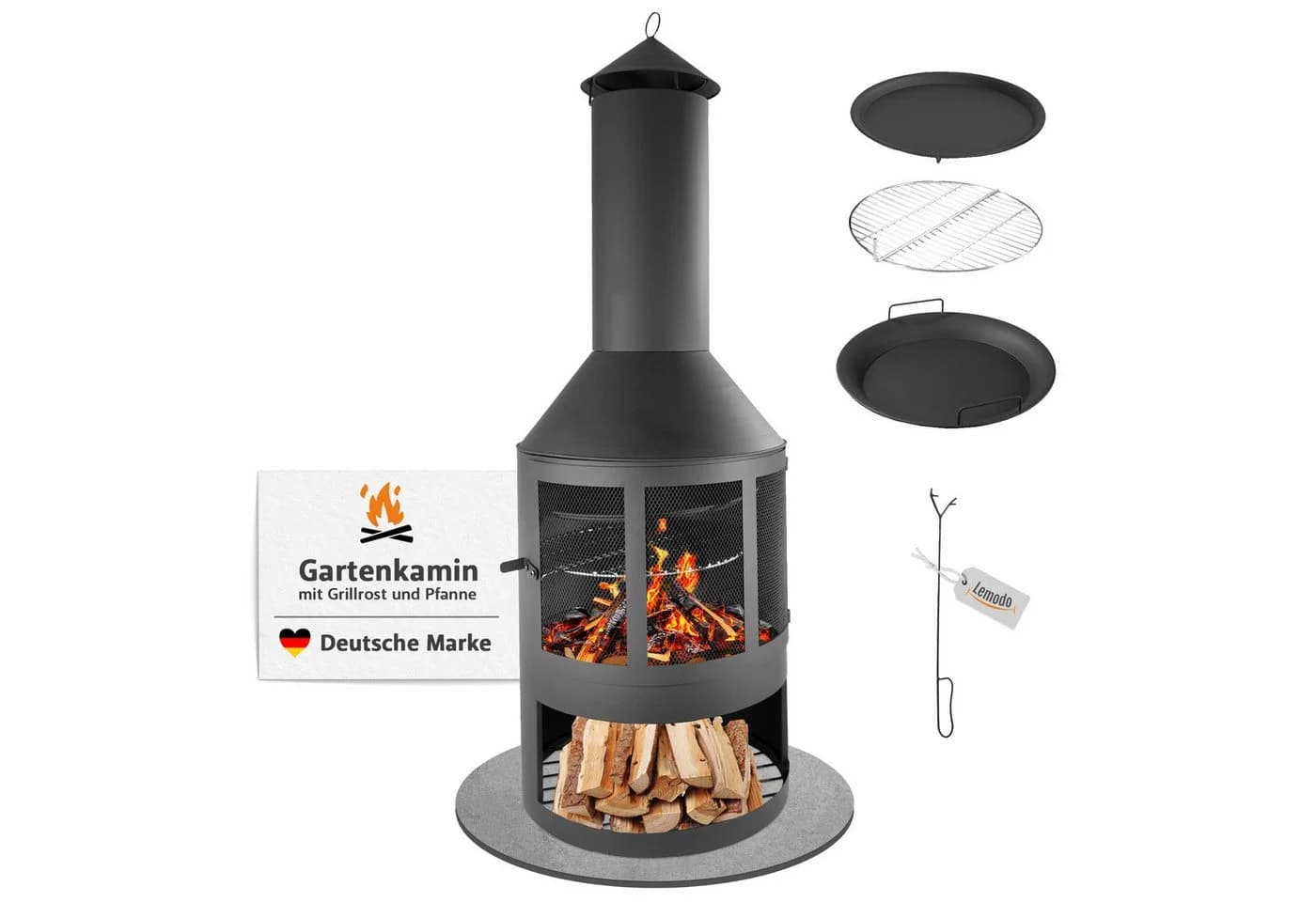 Lemodo Gartenkamin Terrassenofen mit Grillrost und Pfanne Schwarz - Bild 2