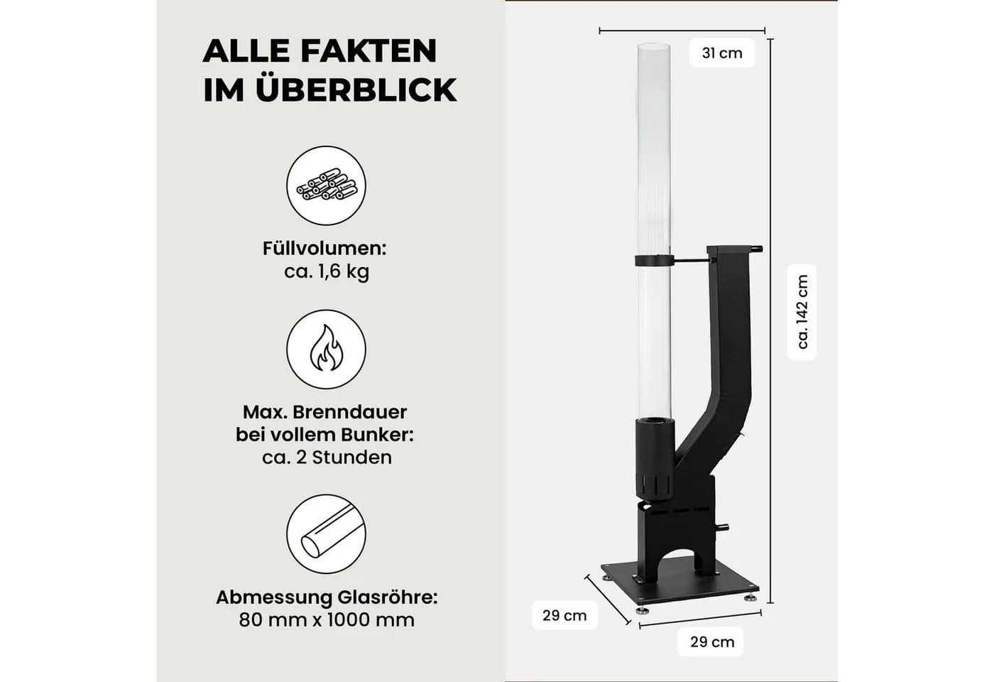 Lemodo Heizstrahler Pelletfackel Feuersäule Outdoor mit Glasröhre Schwarz - Bild 3