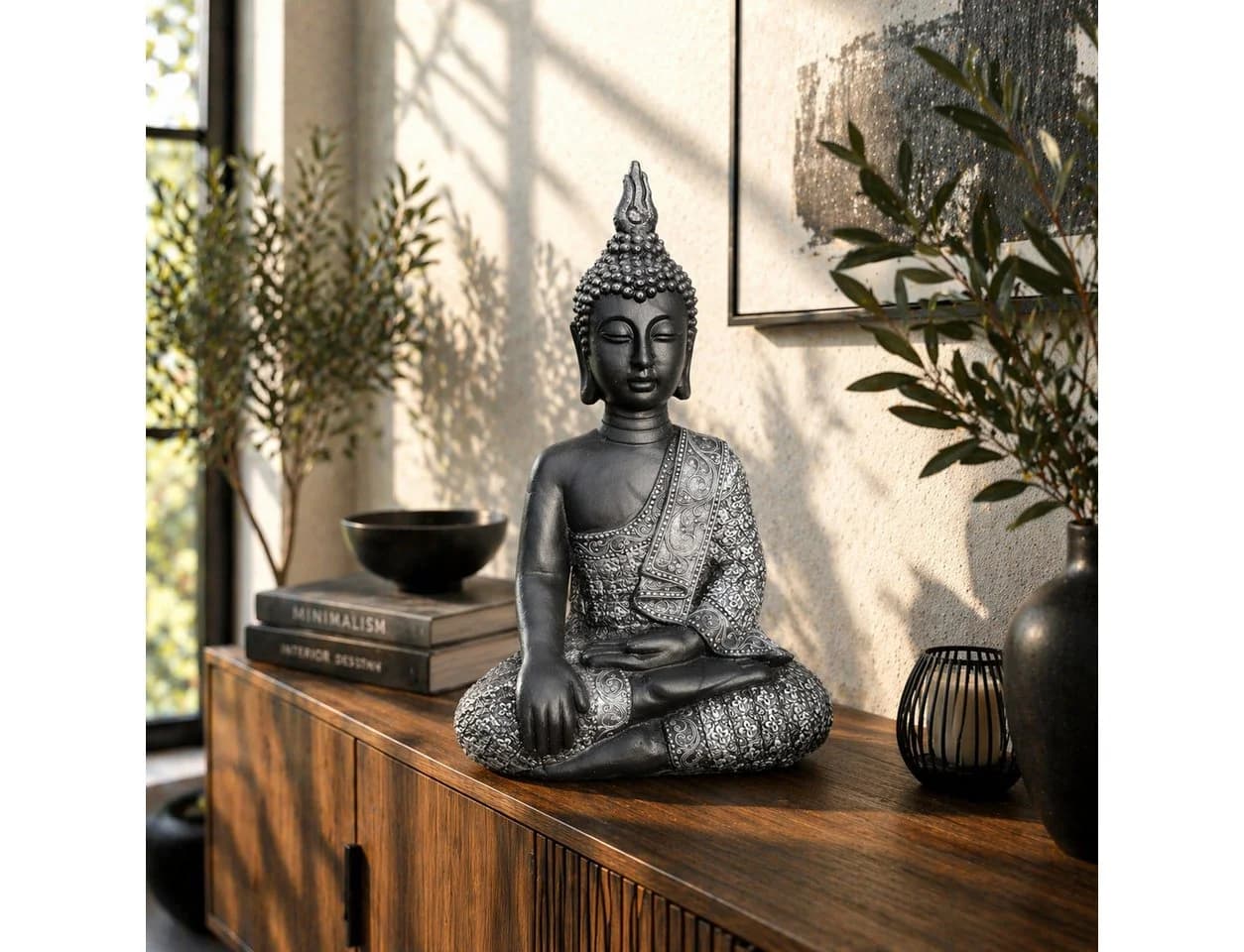 K&L Wall Art Buddhafigur Thai Buddha Statue Kunststein Schwarz - Bild 2