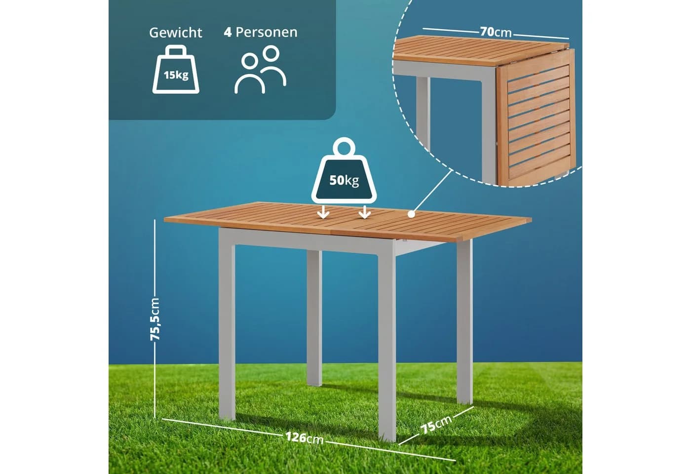 KHG Ausziehbare Gartentisch Eukalyptus Aluminium Grau