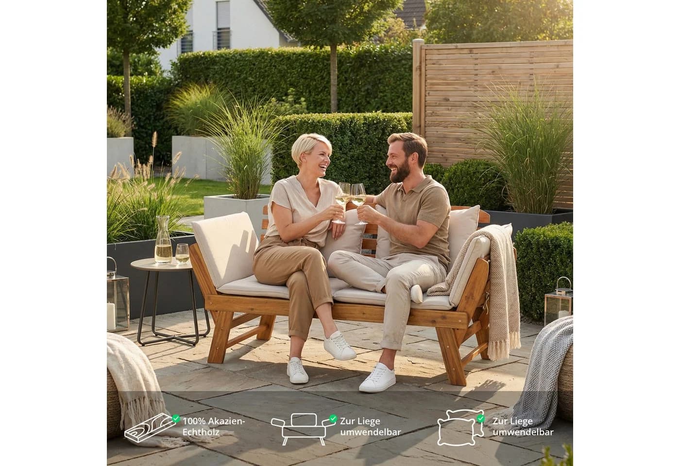 KHG Gartenliege Akazie geölt Daybed Sonnenliege Lounge-Set klappbar