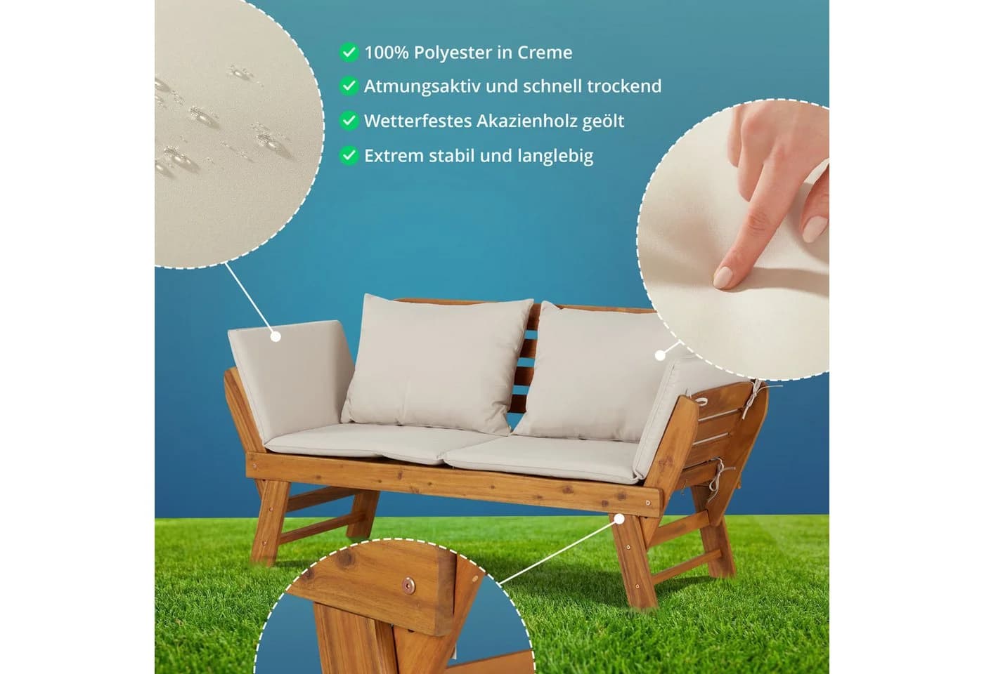 KHG Gartenliege Akazie geölt Daybed Sonnenliege Lounge-Set klappbar - Bild 4