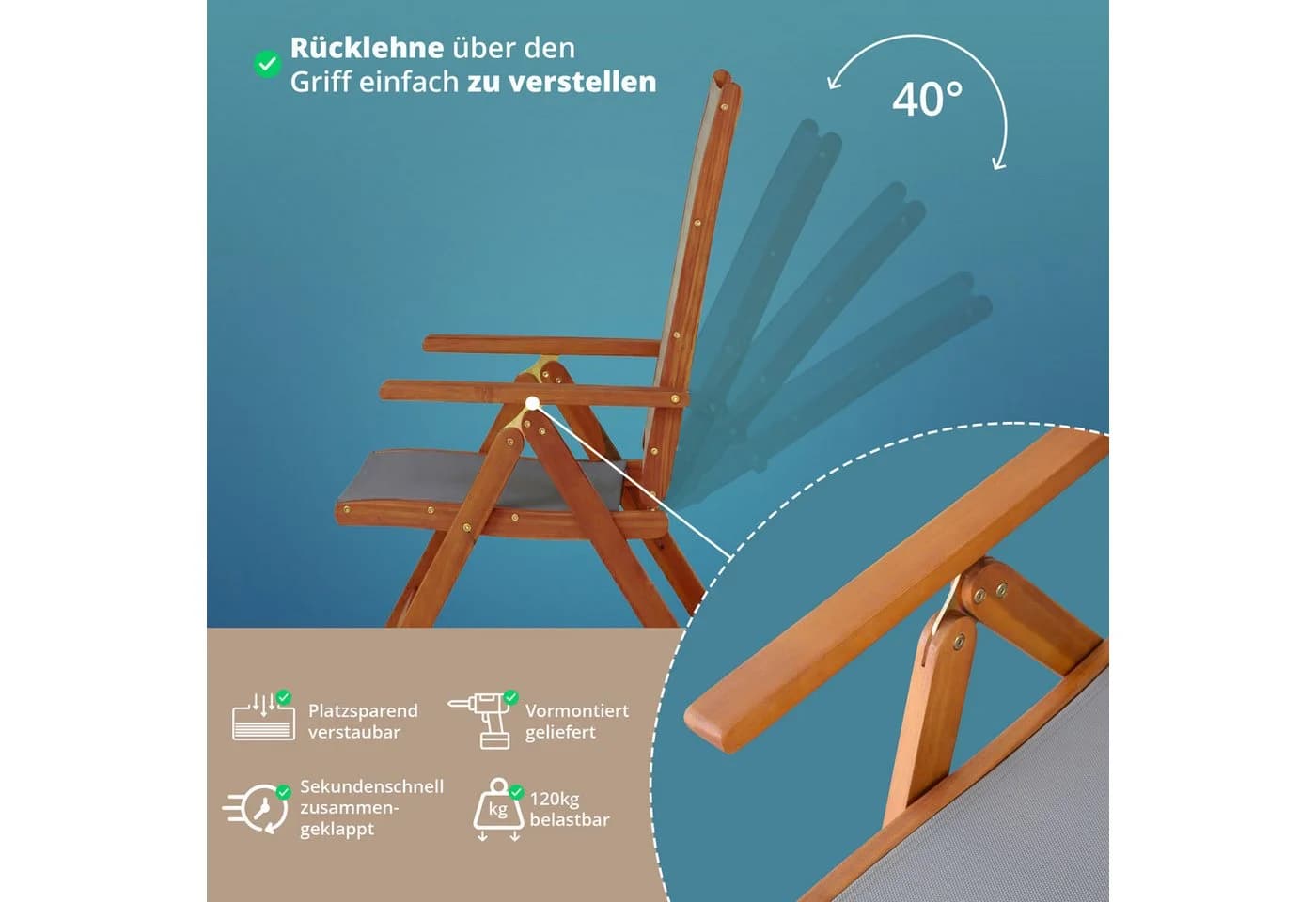 KHG Gartenstuhl Klappstuhl mit Armlehnen Akazienholz Landhaus Stil - Bild 4