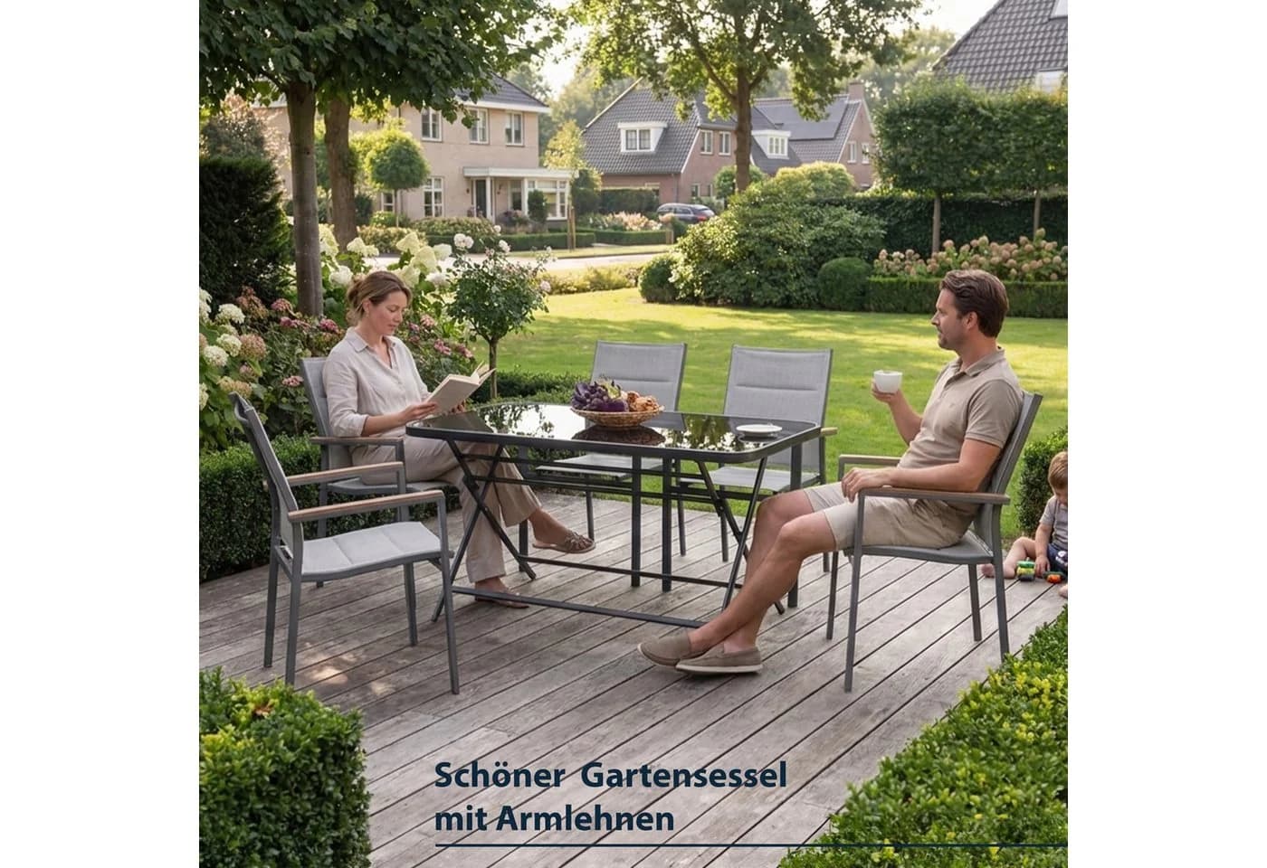KHG Gartenstuhl Stapelstuhl gepolstert mit Armlehnen Grau Aluminium - Bild 3