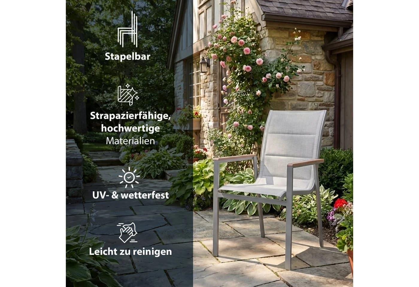 KHG Gartenstuhl Stapelstuhl gepolstert mit Armlehnen Grau Aluminium - Bild 4