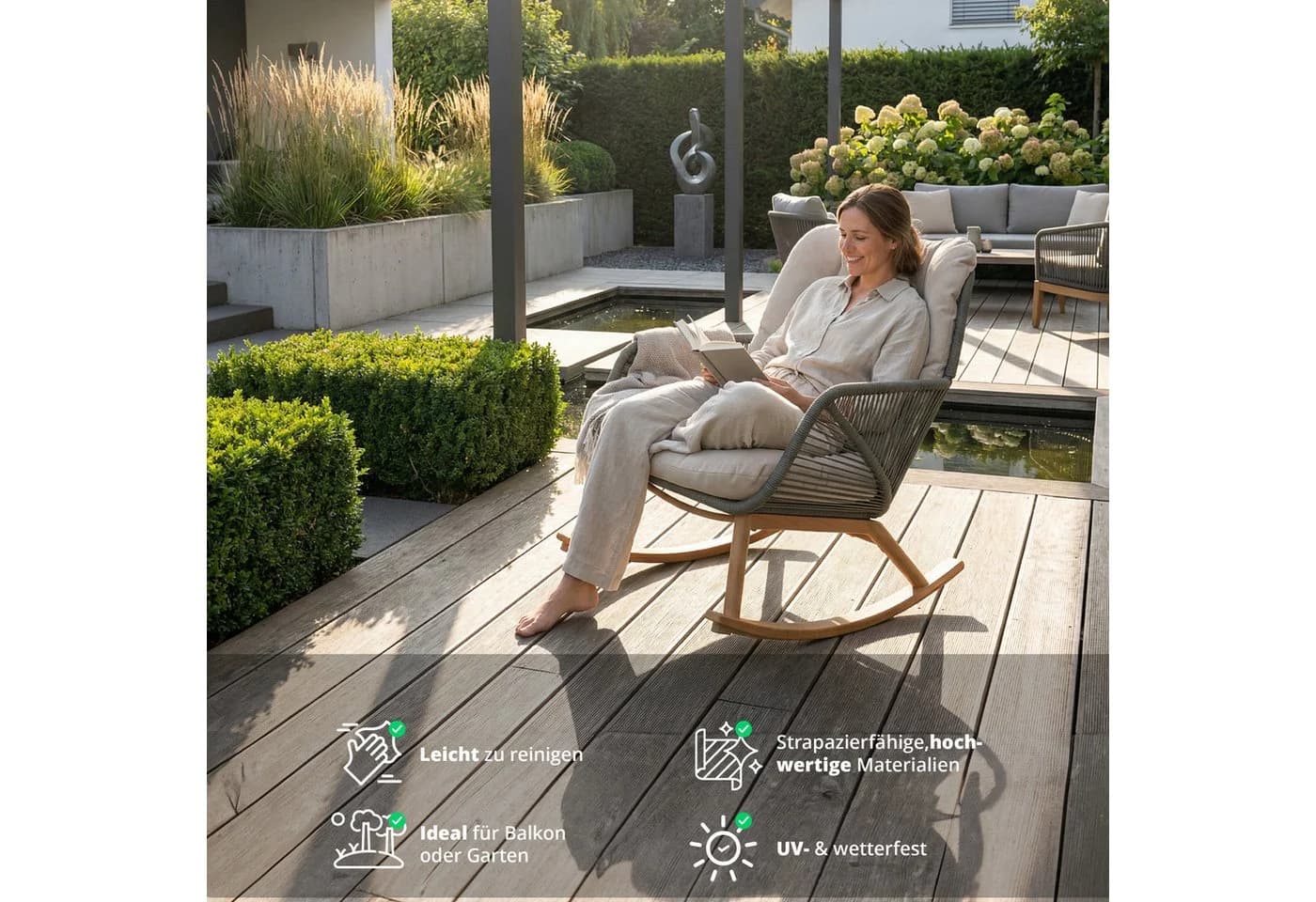 KHG Schaukel-Sessel Grün Aluminium mit Sitzkissen Beige - Bild 5