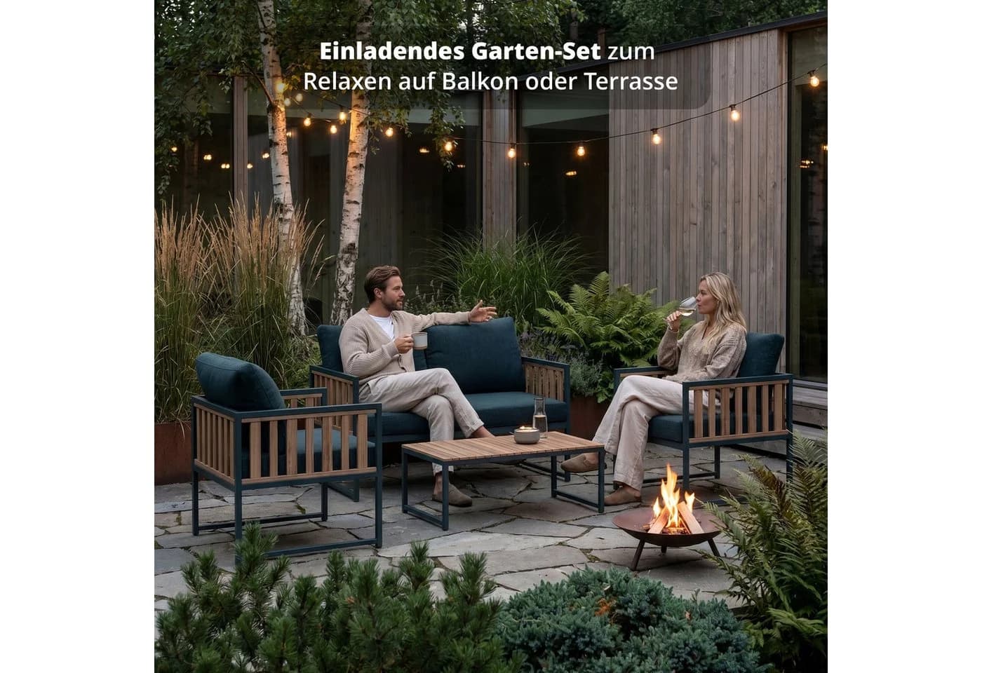 KHG Gartenlounge-Set 4-teilig Grau mit Akazienholztisch