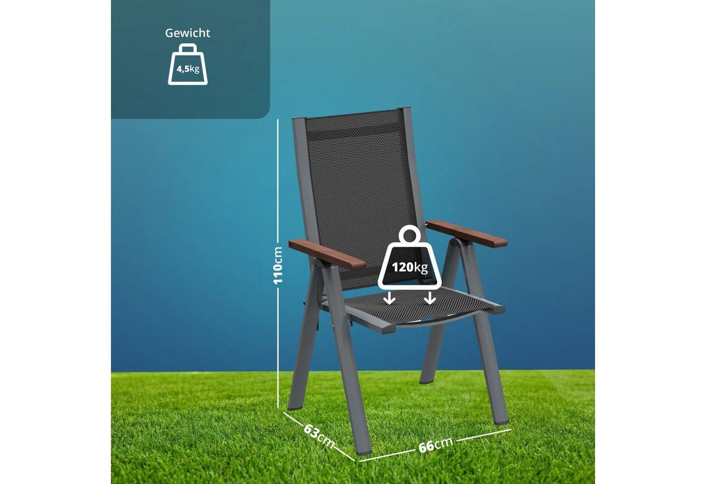 KHG Gartenstuhl klappbar mit Armlehnen Anthrazit Aluminium - Bild 4